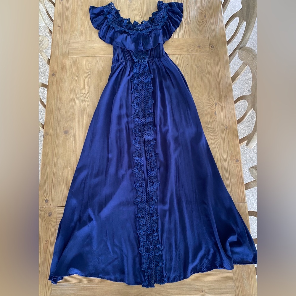 Tassels n Lace Elegant Navy Blue Maxi Dress. Ruffle an lace Details. Size large